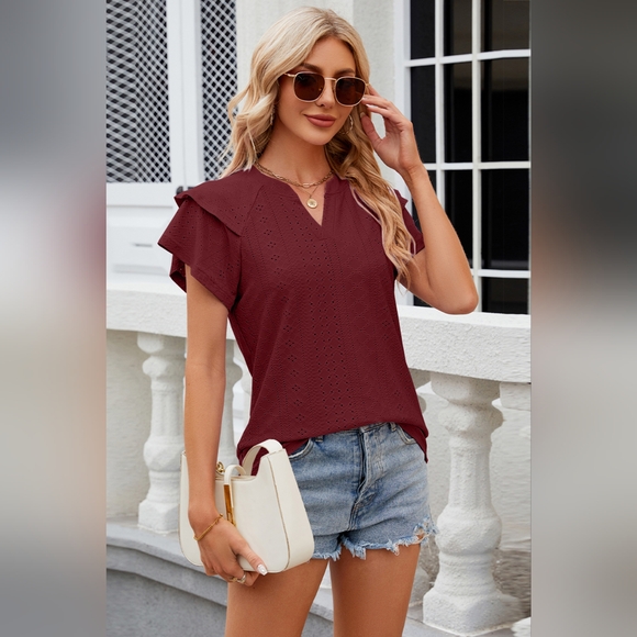 Eyelet Notched Short Sleeve Burgundy T-Shirt Top - Picture 3 of 5